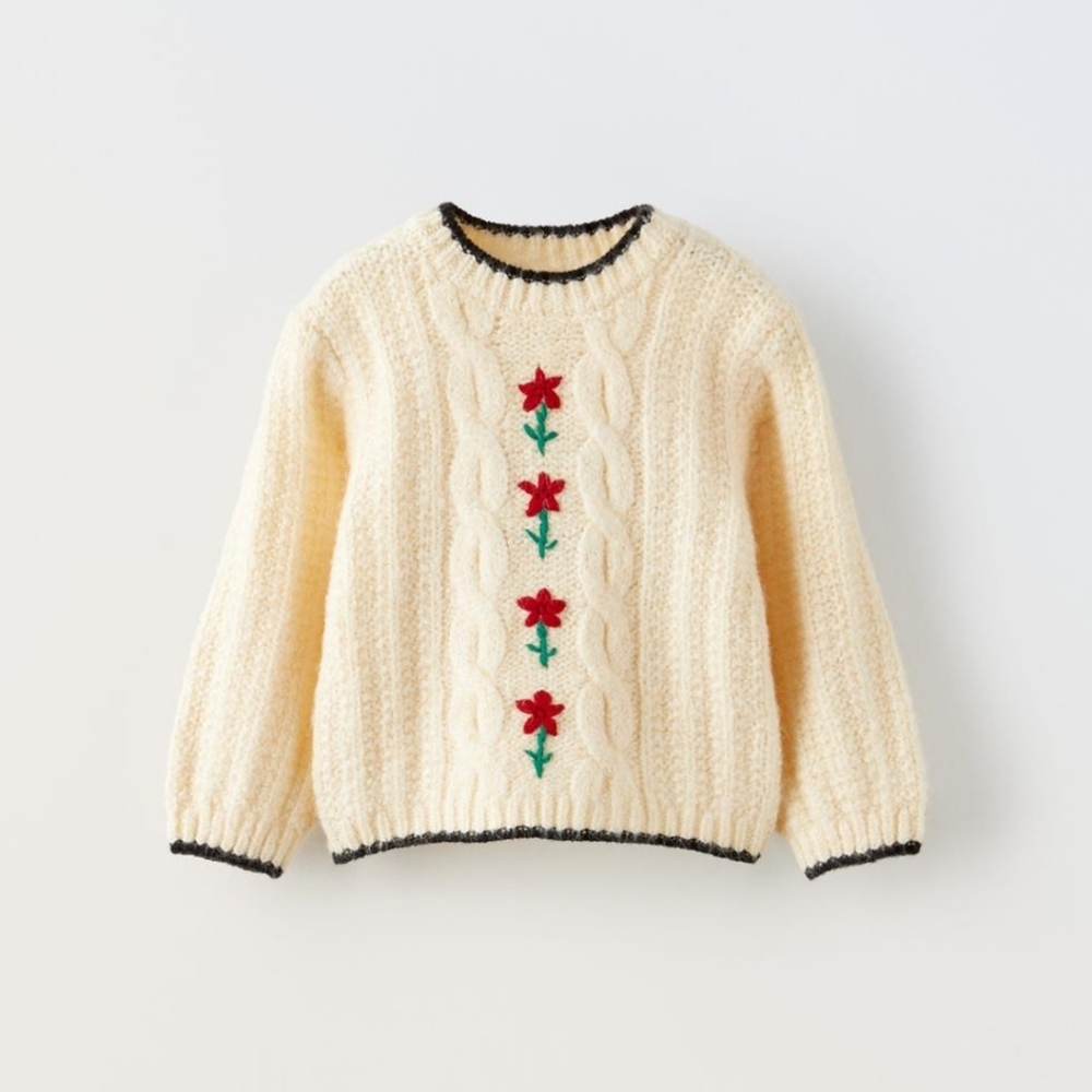 Kids/Baby Cream Sweater with Floral Embroidery